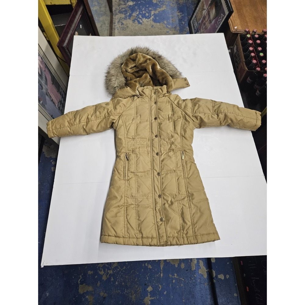 Baby Phat Girlz Coat Size 4 Tan Puffer Parka Faux Fur Hood Leopard Quilted